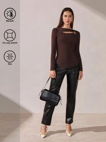 BizChic Women's Elegant Long Sleeve Brown Basic Knit Sweater T-Shirt, Commuter Fashion Outfit, Suitable For Christmas,