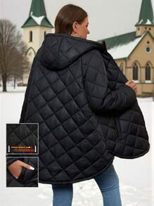 SHEIN LUNE 大码冬季休闲纯色连帽保暖特殊面料棉服外套，冬季女装