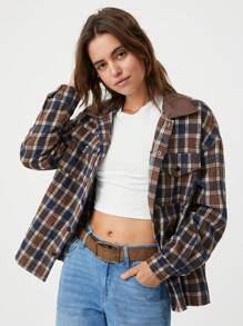 SHEIN EZwear Women's Fashion Jacket Flap Pockets Drop Shoulders Button Collar - Brown - View 1