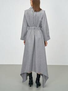 Mulvari 女士纯色前纽扣长袖立领简约休闲中长连衣裙 - 灰色 - 查看 2