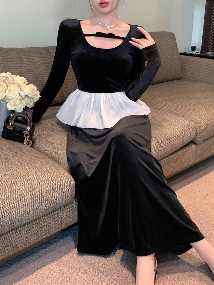 2pcs Women Elegant Velvet Ruffled Contrast Color Long Sleeve Top And Skirt Set, Suitable For Autumn And Winter ,New Year Eve,Fall Women Clothes