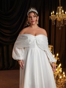 SHEIN Belle Plus Size White French Lace Splice Open Shoulder Flared Long Sleeve Asymmetric Elegant Bridal Cocktail Dress - White - View 6