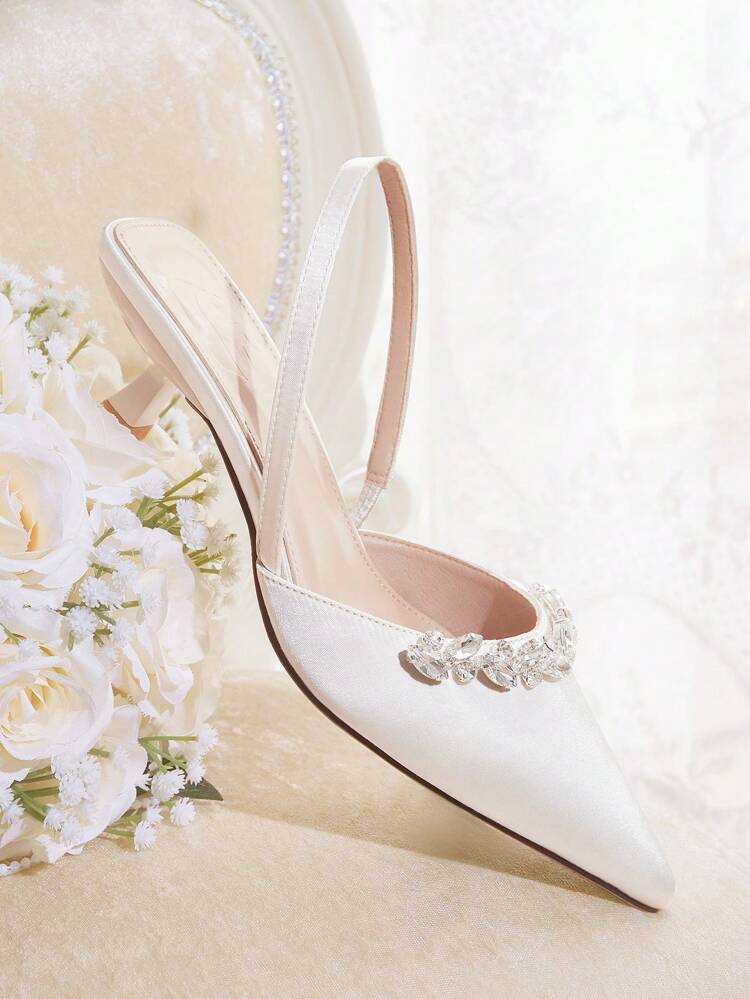 CUCCOO HITCHD Solid Color Rhinestone Decor Pointy Toe Fashion Elegant High Heels, Suitable For Commuting Summer Shoes Summer Break Easter Prom Heels For Christmas Elegant Shoes Wedding Shoes Summer Shoes Bride Shoes