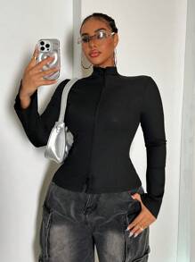 Maweii Áo bó sát có khóa kéo kép gân cỡ lớn dành cho nữ - màu đen - Xem 5
