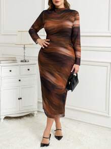 Reflora PLUS 女士褶皱扎染印花网眼针织立领长袖修身连衣裙 - 彩色 - 查看 7