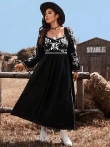 SHEIN VCAY Plus Size Casual Floral Print Sweetheart Neck Dress, Suitable For Autumn Everyday Wear - Black - View 1