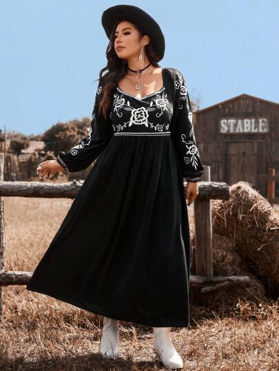 SHEIN VCAY Plus Size Casual Floral Print Sweetheart Neck Dress, Suitable For Autumn Everyday Wear