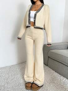 SHEIN EZwear 2 件女式条纹 V 领落肩长袖纽扣开衫和针织裤套装，秋冬 - 杏色 - 查看 4