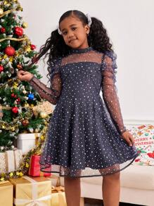 SHEIN Tween Girls' Long Sleeve Shiny Mesh Ruffle Trim Party Dress, Elegant & Pretty For Autumn/Winter, For Christmas - Blue - View 1