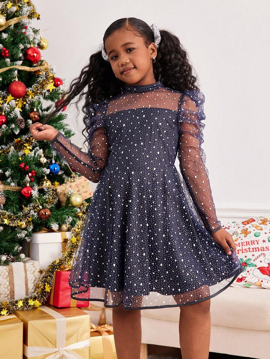 SHEIN Tween Girls' Long Sleeve Shiny Mesh Ruffle Trim Party Dress, Elegant & Pretty For Autumn/Winter, For Christmas - Blue - View 1