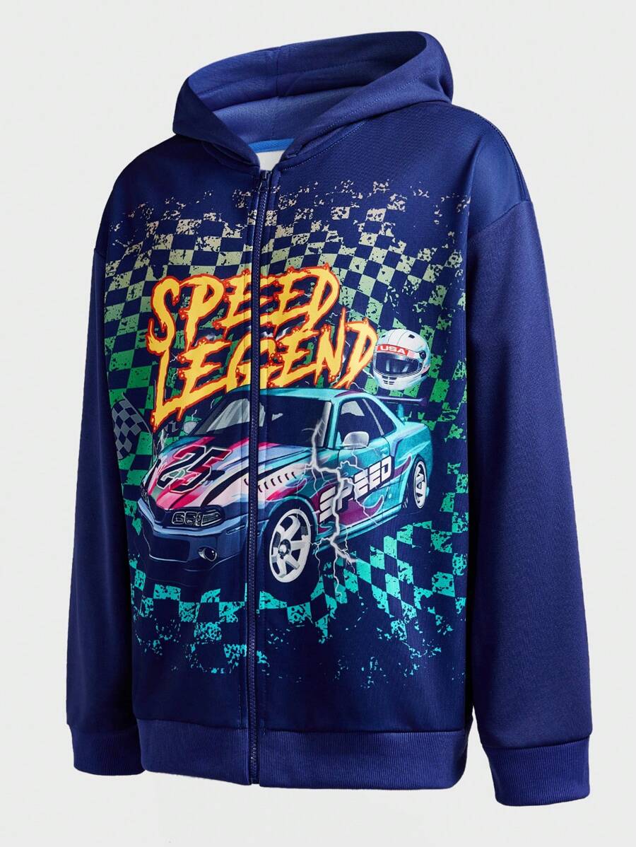 Manfinity Sport Corelite Boyfriend-Stil Herren Lässig Auto- und Buchstaben-Muster Reißverschluss-Kapuzenjacke, geeignet für den täglichen Gebrauch im Herbst - Königsblau - Übersicht 1