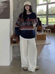 DAZY 圣诞复古图案提花针织宽松圆领毛衣，适合女士、节日、秋季女装 - 藍色 - 查看 5