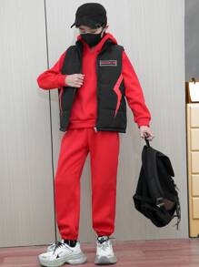 Bộ trang phục nhiều mảnh dành cho bé trai tuổi teen, bao gồm áo vest không tay in họa tiết dày, áo hoodie và quần nỉ, dành cho trang phục thường ngày trên phố vào mùa đông và các môn thể thao ngoài trời - màu đen - Xem 2