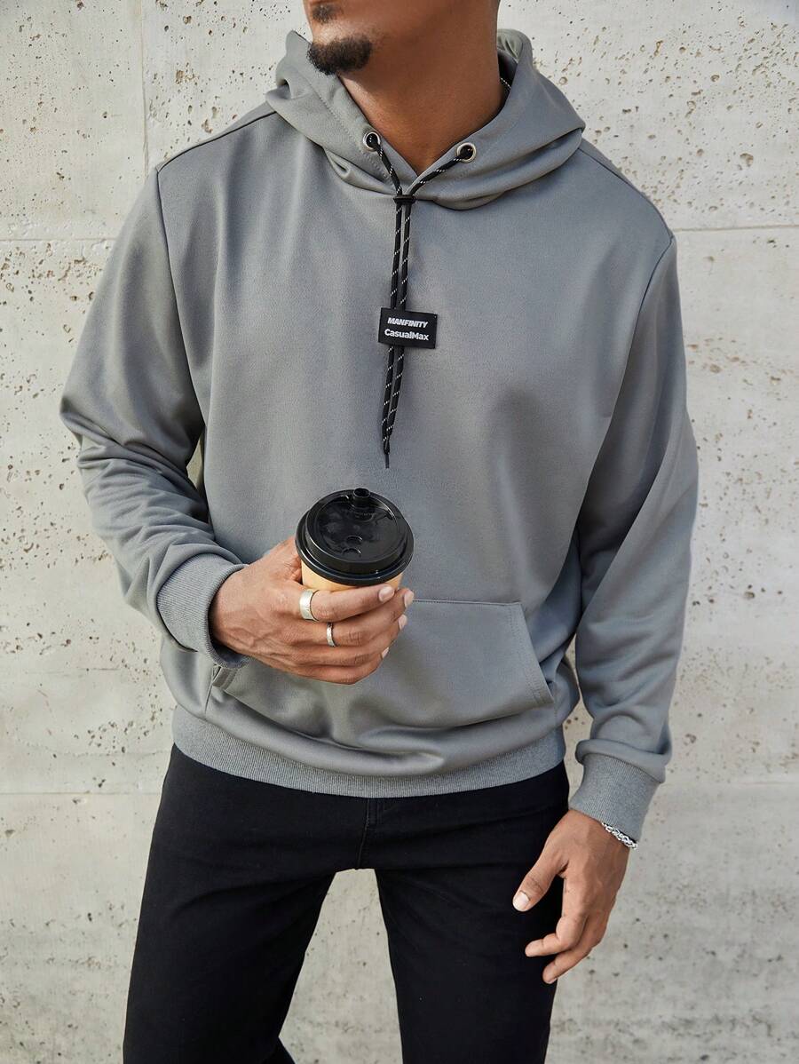 Manfinity Homme 大码男式带贴袋长袖连帽衫 - 灰色 - 查看 1
