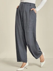 Plus Size Women Grey Textured Woven Casual Pants With Pockets Fall Cloth For Women - Grey - View 3