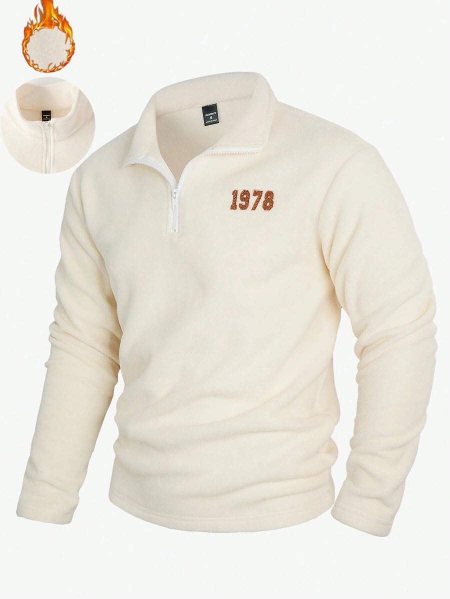 Manfinity Homme Herren Langarm Fleece Lässig Poloshirt mit Buchstabenmuster, Herbst