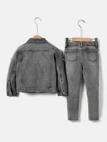 SHEIN 男童两件套时尚休闲Gary镂空磨边牛仔长袖夹克和弹力镂空磨边设计紧身牛仔裤，适合日常穿着和男童秋季服装 - 灰色 - 查看 2