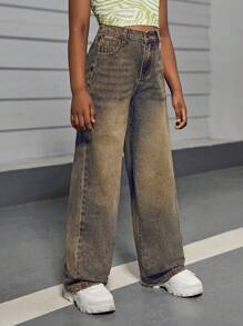 SHEIN Tween Girls' Y2k Washed Casual Retro Nostalgic Street Baggy Soft Wide Leg Jeans For Girls Summer - Dark Wash - View 4