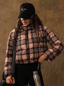 VARSITIE Retro Print High Collar And Long Sleeves Women Sports Winter Coats - Khaki - View 4