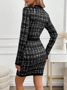 SHEIN Clasi 女式格子圆领长袖纽扣设计优雅工作中长连衣裙，秋季 - 黑色 - 查看 2