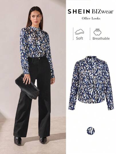 BizChic Camisa de satén con estampado de manga larga para mujer, ropa de oficina para viajes urbanos, blusa formal elegante de negocios de estilo casual