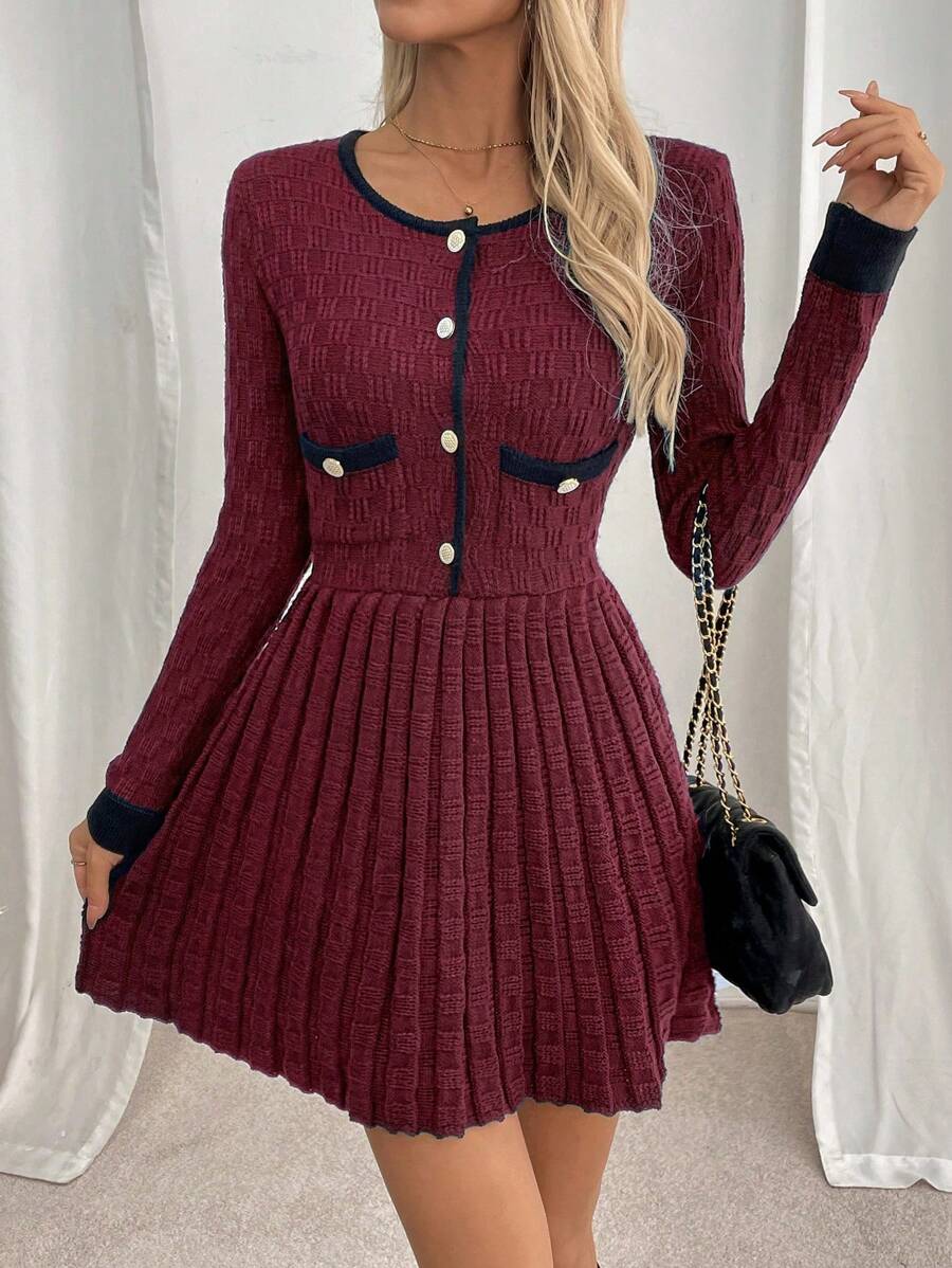 SHEIN Clasi 女式复古法式厚粘胶纤维收腰紧身毛衣裙，时尚派对、外出和休闲装，秋冬季 - 酒紅色 - 查看 1