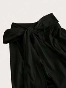 SHEIN MOD Stand Collar Bowknot Drawstring Ruched Beige Top - Black - View 3