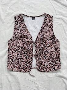 Soleia Women's Leopard Print Tie Front Sleeveless Cardigan Vest Top, Fashionable Layering Piece For Street & Holiday Wear, Autumn/Winter