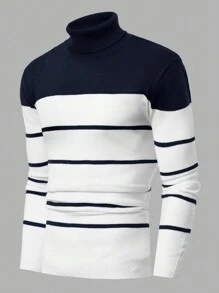 RueChic Men Stripe Detailed High Collar Regular Sweater - Navy Blue - View 1