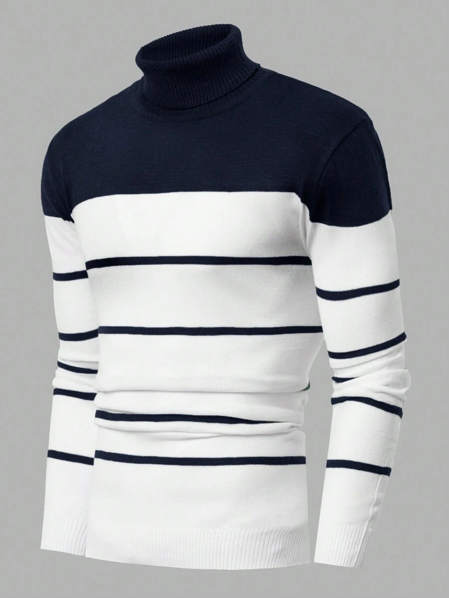 RueChic Men Stripe Detailed High Collar Regular Sweater - Navy Blue - View 1