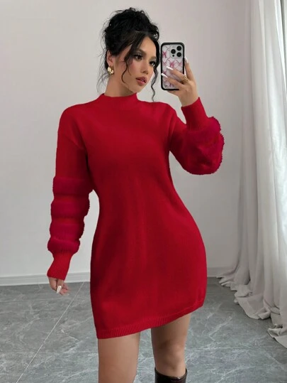 Selianne Vestido de suéter de manga larga con cuello redondo elegante decorado con piel de visón para mujer, versátil para Navidad, Año Nuevo, otoño/invierno, se puede usar solo o en capas con ropa de abrigo