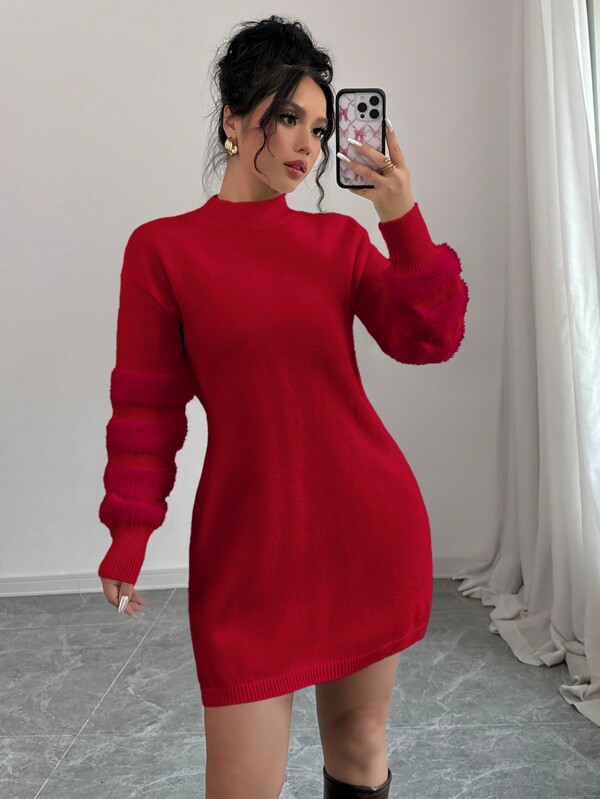 Elenzga Vestido de suéter ajustado de mujer casual con cuello alto, manga caída, parche de unicolor y adorno esponjoso para Año Nuevo