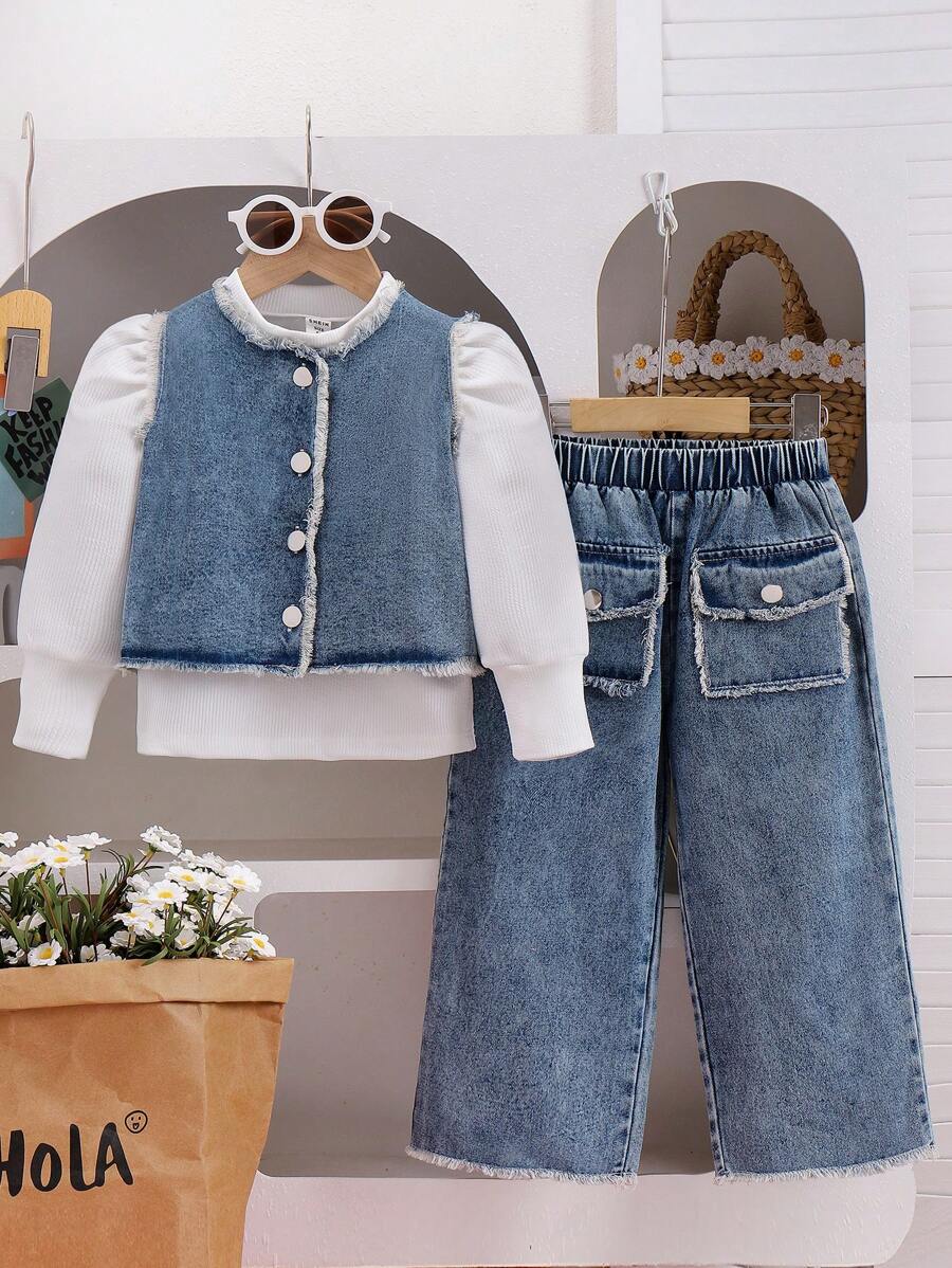 SHEIN Young Girl Casual Outfit: Frayed Edge Single-Breasted Denim Vest, Solid Color Puff Sleeve T-Shirt And Wide Leg Jeans Set, For Autumn - White - View 1