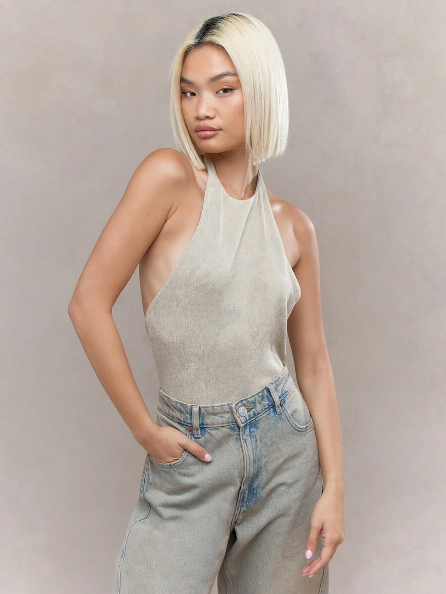 MISSGUIDED Họa tiết áo liền quần có gân hở lưng cổ - Màu be - Xem 1