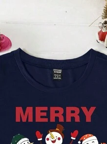 Roupas Combinadas da Família de Natal, Mamãe e Eu (4 Peças Vendidas Separadamente) - Moda Casual Feminina de Natal Alegre, Camiseta Gola Redonda com Impressão Gráfica de 3 Bonecos de Neve, Adequado para Festa de Família de Natal - Azul Marinho - Visão 4