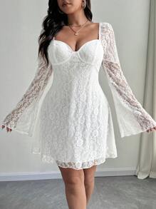 SHEIN Unity Plus Size Elegant White Lace Bell Sleeve Dress Fall Cloth For Women - White - View 4