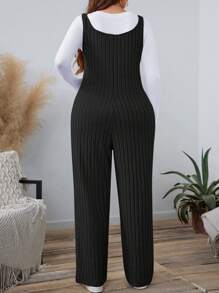 SHEIN LUNE 大码女式纯色罗纹连体裤，秋季假日装 - 黑色 - 查看 2