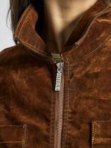 AiiRZ Denim Flocked Button Front Jacket And Baggy Jeans Two-Piece Co-Ord Set - Brown - View 6