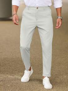 Manfinity Bizformal Quần ống đứng túi trơn màu cho nam đi làm, mùa thu - Xám - Xem 5