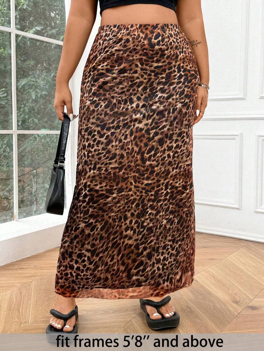SHEIN Tall CURVE Plus Size Leopard Print Long Elegant Skirt - Brown - View 1