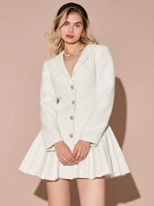 Enchnt 女士纯色中式立领长袖荷叶边下摆短款连衣裙，优雅秋季