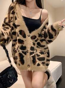 DAZY Women's Oversized Leopard Print V-Neck Cardigan, Autumn/Winter,Long Sleeve Tops,Fall Women Clothes - Khaki - View 6