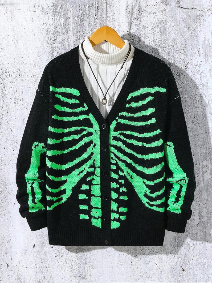 Teen Boy Skeleton Pattern V-Neck Button Down Long Sleeve Cardigan