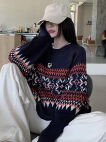 DAZY 圣诞复古图案提花针织宽松圆领毛衣，适合女士、节日、秋季女装 - 藍色 - 查看 1