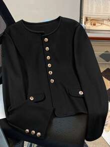 Franclia 女士纯色前扣优雅长袖短款开衫 - 黑色 - 查看 1