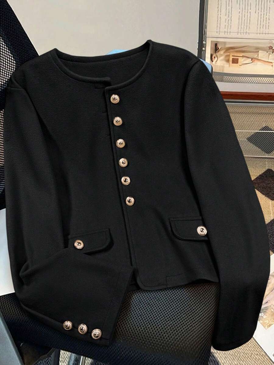 Franclia 女士纯色前扣优雅长袖短款开衫 - 黑色 - 查看 1