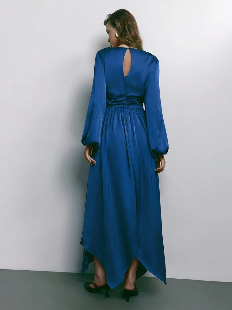 SHEIN Maija 1pc Women's Solid V-Neck Lantern Sleeve Twist Front Detail Elegant Dress, Autumn/Winter