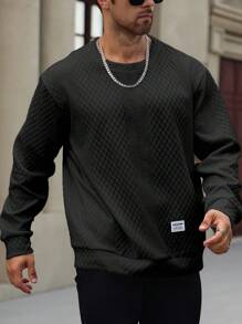 Manfinity Homme 大码男士休闲纯色纹理套头衫，秋冬款 - 黑色 - 查看 3