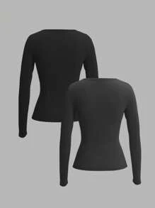 SHEIN EZwear 2 chiếc áo thun dài tay dệt kim màu đen và xám đậm có khóa kéo nửa dành cho nữ, phù hợp cho mùa thu/đông - Nhiều màu - Xem 2