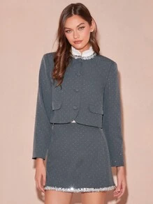 Enchnt Autumn/Winter Romantic Women's Grey Sparkling Diamond Polka Dot Long Sleeve Sweetheart 
 Elegant Jacket,For Halloween&Thanksgiving&Christmas Party